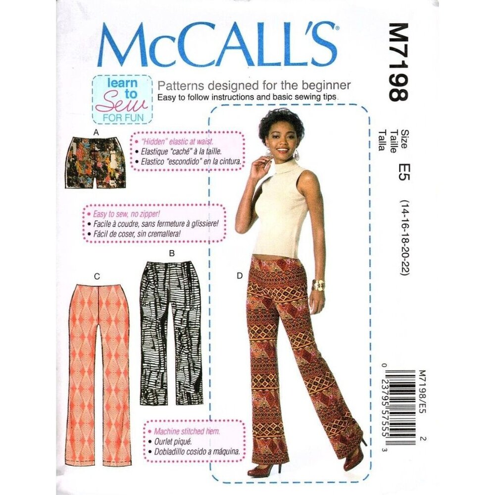 McCall's M7198 Misses 14 to 22 Learn to Sew Easy Pants and Shorts UNCUT Pattern